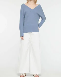 Outlet Galeries Lafayette Pull 100% Cachemire Frani col V bleu lavande