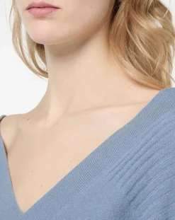 Outlet Galeries Lafayette Pull 100% Cachemire Frani col V bleu lavande