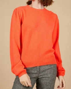 Femme Cashmere Tribu Pull 100% Cachemire Ines col rond tressé corail fluo