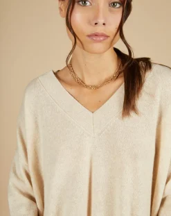 Femme Cashmere Tribu Pull 100% Cachemire Iris Col V profond oversize blé