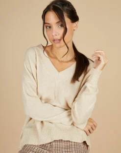 Femme Cashmere Tribu Pull 100% Cachemire Iris Col V profond oversize blé