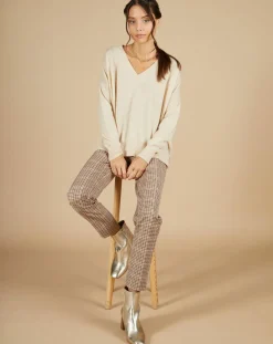 Femme Cashmere Tribu Pull 100% Cachemire Iris Col V profond oversize blé