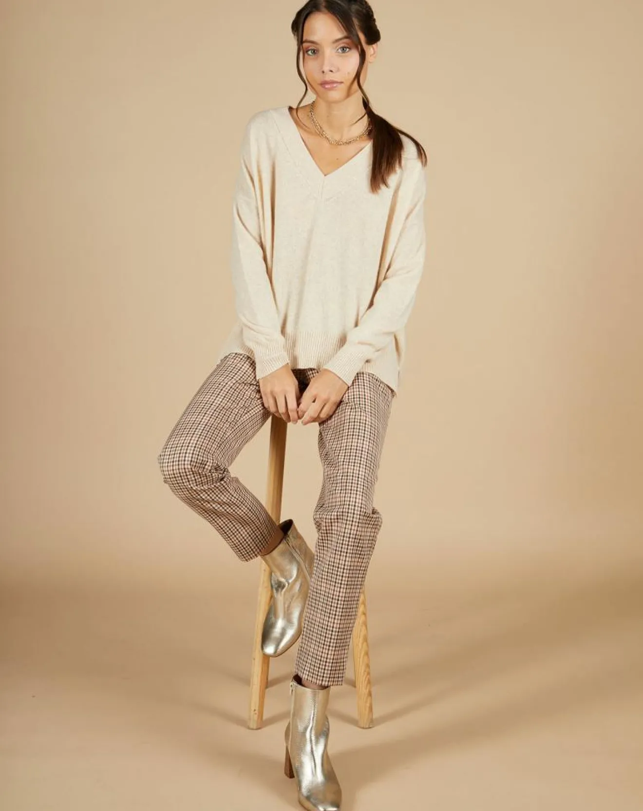 Femme Cashmere Tribu Pull 100% Cachemire Iris Col V profond oversize blé