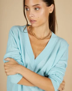 Femme Cashmere Tribu Pull 100% Cachemire Iris Col V profond oversize océan