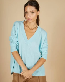 Femme Cashmere Tribu Pull 100% Cachemire Iris Col V profond oversize océan