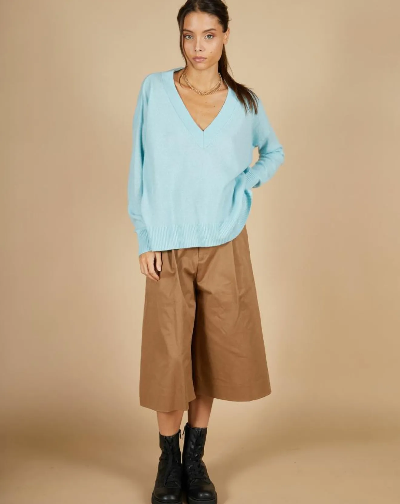 Femme Cashmere Tribu Pull 100% Cachemire Iris Col V profond oversize océan