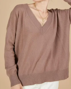 Femme Cashmere Tribu Pull 100% Cachemire Iris Col V profond oversize taupe