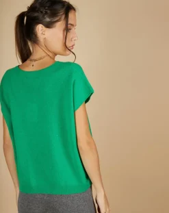 Femme Cashmere Tribu Pull 100% Cachemire Laurène manches courtes émeraude