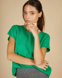 Femme Cashmere Tribu Pull 100% Cachemire Laurène manches courtes émeraude