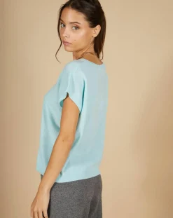 Femme Cashmere Tribu Pull 100% Cachemire Laurène manches courtes bleu océan