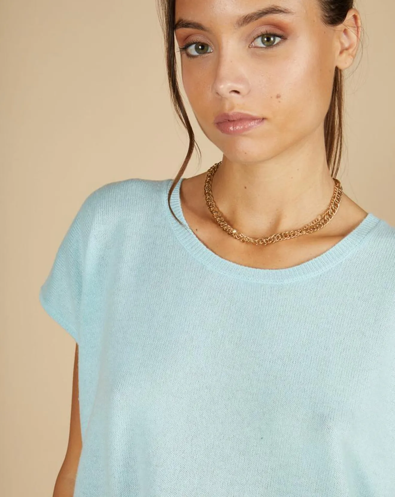 Femme Cashmere Tribu Pull 100% Cachemire Laurène manches courtes bleu océan