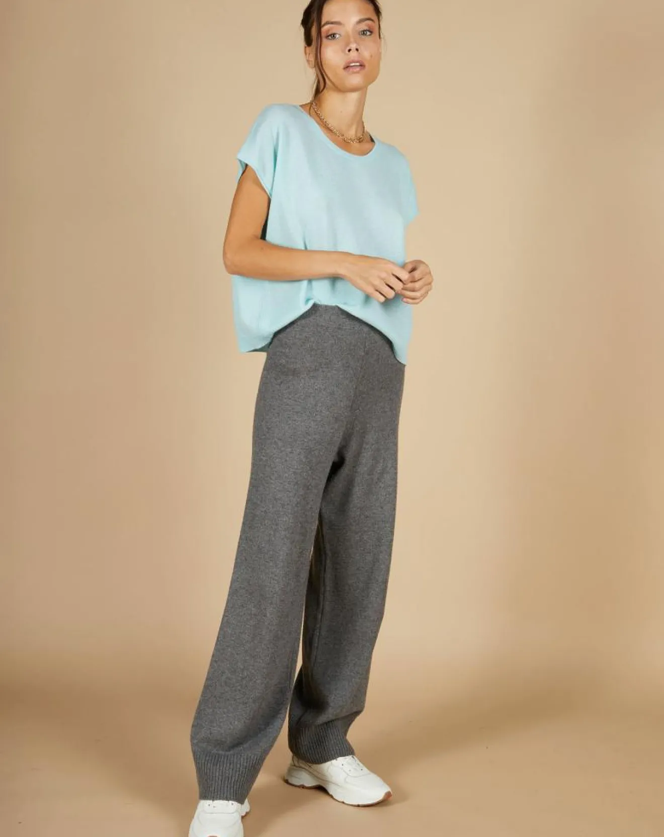 Femme Cashmere Tribu Pull 100% Cachemire Laurène manches courtes bleu océan