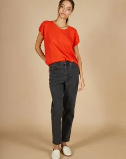 Femme Cashmere Tribu Pull 100% Cachemire Laurène manches courtes orange