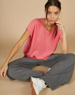 Femme Cashmere Tribu Pull 100% Cachemire Laurène manches courtes rose