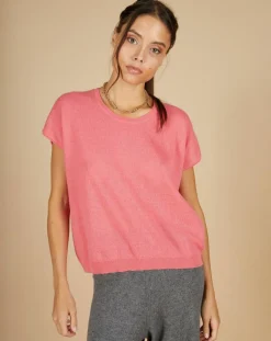 Femme Cashmere Tribu Pull 100% Cachemire Laurène manches courtes rose