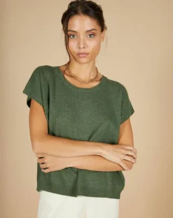 Femme Cashmere Tribu Pull 100% Cachemire Laurène manches courtes kaki