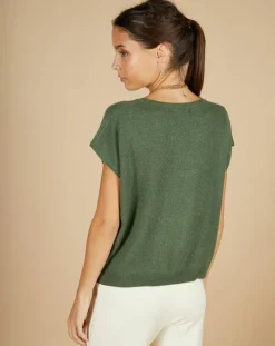 Femme Cashmere Tribu Pull 100% Cachemire Laurène manches courtes kaki
