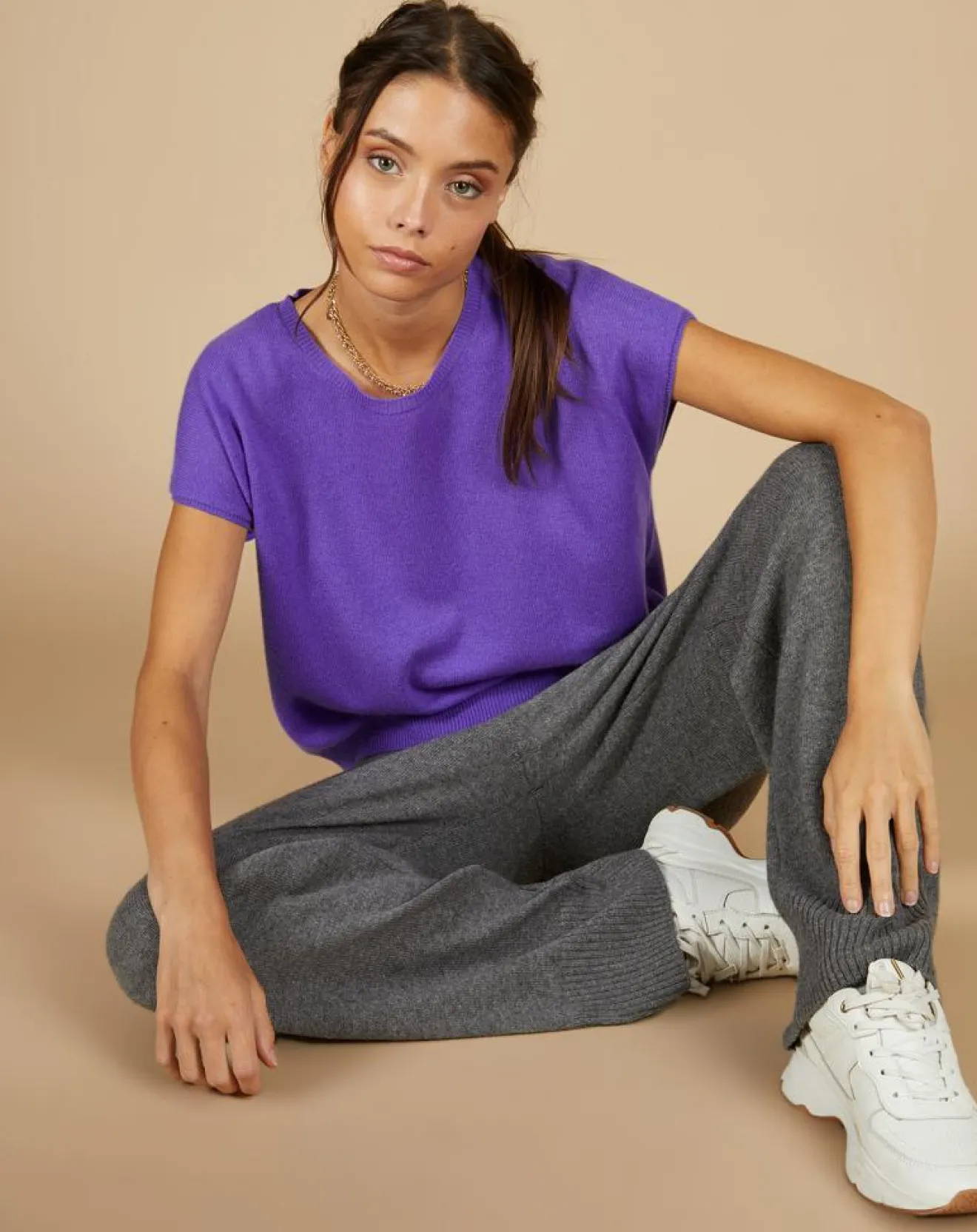 Best Cashmere Tribu Pull 100% Cachemire Laurène manches courtes violet