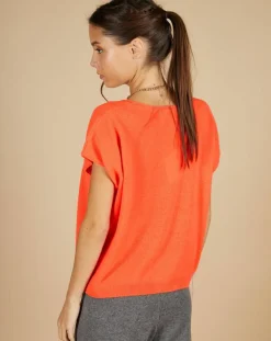 Femme Cashmere Tribu Pull 100% Cachemire Laurène manches courtes corail fluo