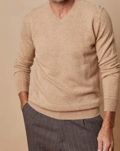 Sale Oscar et Louise Pull 100% Cachemire Lucien col V beige