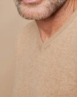 Sale Oscar et Louise Pull 100% Cachemire Lucien col V beige