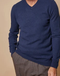 Sale Oscar et Louise Pull 100% Cachemire Lucien col V bleu marine