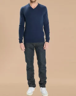 Sale Oscar et Louise Pull 100% Cachemire Lucien col V bleu marine