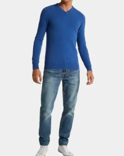 Homme Galeries Lafayette Pull 100% Cachemire Machve col V bleu