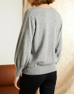 Femme Miss Cashmere Pull 100% Cachemire Manches Ballon Angelina Col rond gris chiné clair