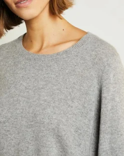 Femme Miss Cashmere Pull 100% Cachemire Manches Ballon Angelina Col rond gris chiné clair