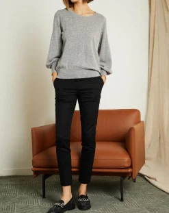 Femme Miss Cashmere Pull 100% Cachemire Manches Ballon Angelina Col rond gris chiné clair