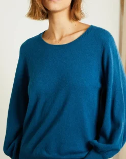 Miss Cashmere Pull 100% Cachemire Manches Ballon Angelina Col rond pétrole