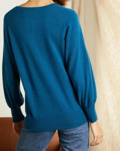 Miss Cashmere Pull 100% Cachemire Manches Ballon Angelina Col rond pétrole