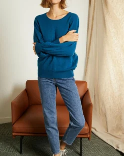 Miss Cashmere Pull 100% Cachemire Manches Ballon Angelina Col rond pétrole