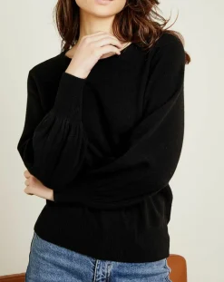 Femme Miss Cashmere Pull 100% Cachemire Manches Ballon Angelina Col rond noir