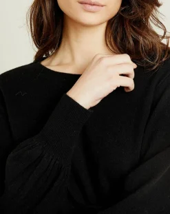 Femme Miss Cashmere Pull 100% Cachemire Manches Ballon Angelina Col rond noir