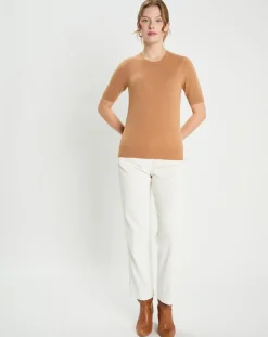 Outlet Galeries Lafayette Pull 100% Cachemire manches courtes Difi camel