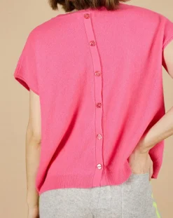 Femme Cashmere Tribu Pull 100% Cachemire manches courtes Charline boutons au dos tulipe