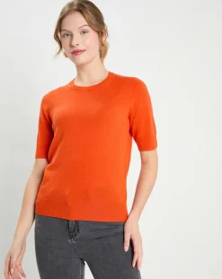Femme Galeries Lafayette Pull 100% Cachemire manches courtes Difi orange