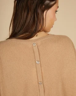 Cashmere Tribu Pull 100% Cachemire manches courtes Charline boutons au dos camel