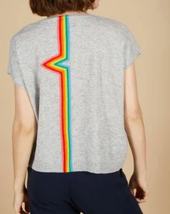 Sale Cashmere Tribu Pull 100% Cachemire Marion à bandes au dos gris chiné