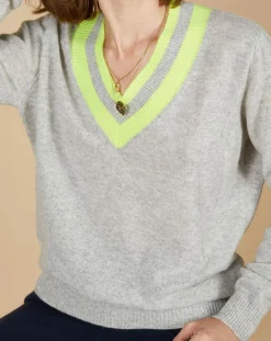 Femme Cashmere Tribu Pull 100% Cachemire Marley col V à bandes gris chiné clair/jaune fluo