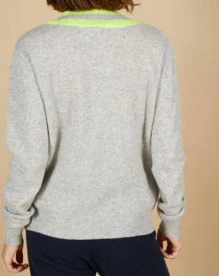 Femme Cashmere Tribu Pull 100% Cachemire Marley col V à bandes gris chiné clair/jaune fluo
