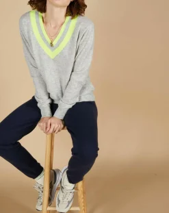 Femme Cashmere Tribu Pull 100% Cachemire Marley col V à bandes gris chiné clair/jaune fluo