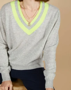 Femme Cashmere Tribu Pull 100% Cachemire Marley col V à bandes gris chiné clair/jaune fluo