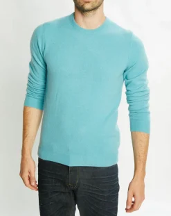 Outlet Galeries Lafayette Pull 100% Cachemire Nachron col ras du cou bleu