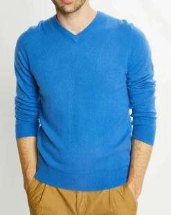 Homme Galeries Lafayette Pull 100% Cachemire Nachve col V bleu