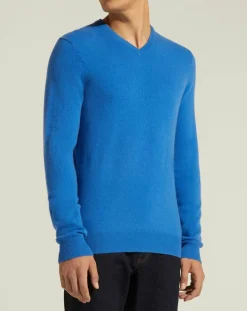 Homme Galeries Lafayette Pull 100% Cachemire Nachve col V bleu