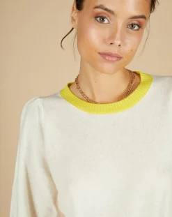 Discount Cashmere Tribu Pull 100% Cachemire Romane col rond écru/liseré citron