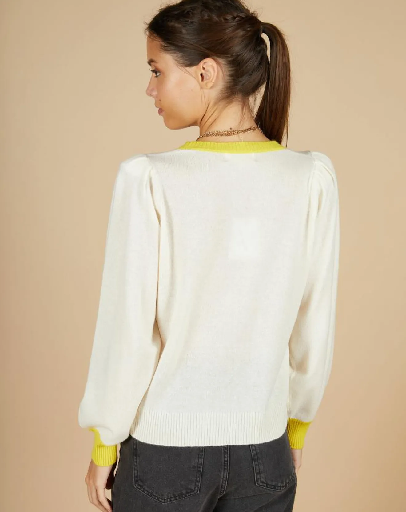 Discount Cashmere Tribu Pull 100% Cachemire Romane col rond écru/liseré citron